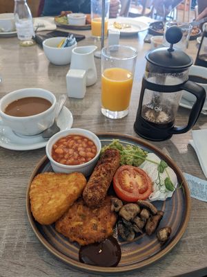 Vegan breakfast with optional poached egg at Bay View Garden Centre & Restaurant in Carnforth