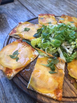 squash lavash Pizzaa  at Malibu Farm Restaurant in Malibu