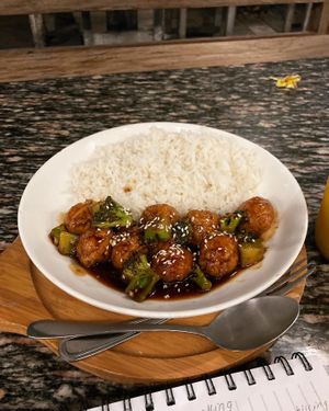 Tofu broccoli balls in ginger sauce   at Famous Vegetarian Vegan food in Seminyak