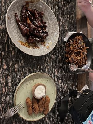 Chicken Karage, beef black pepper and Korean tofu chip   at Famous Vegetarian Vegan food in Seminyak