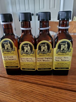 Mini bottles of balsamic vinegar. Dill pickle is great for drizzling on potato soup, Italian herb is great straight up on salad, we love the strawberry and chocolate raspberry on h at Simply Flavorful in Mechanicsburg