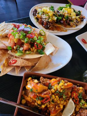 Nacho strips, tempeh tacos, sweetcorn fritters at Jungle Bird in Birmingham