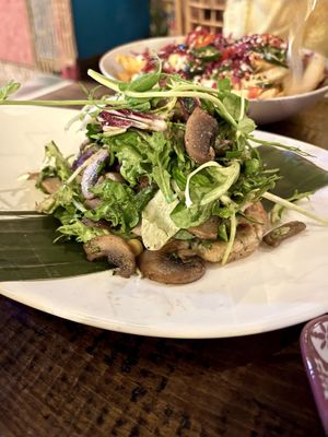 Sweetcorn fritters (under the mushroom salad!)  at Jungle Bird in Birmingham