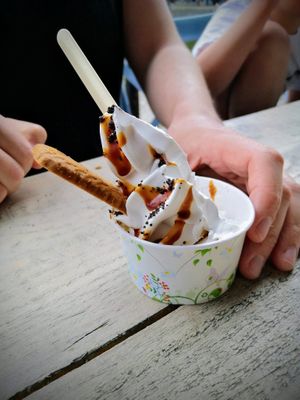 A pot of their vegan soft serve with Carmel sauce and Oreo topping with a biscotti biscuit at The Happy Cow in Bristol