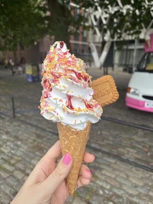 Raspberry sauce and sprinkles  at The Happy Cow in Bristol