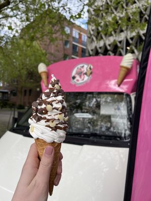 Whippy ice cream cone with hazelnut chocolate sauce and chocolate chips.  at The Happy Cow in Bristol