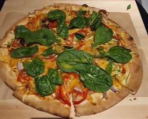 Wood oven pizza with vegan cheese. at Mylos Beach Bar in Kos