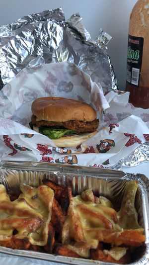 Vegan burger and sweet potato fries  at Dope Burger in Doncaster