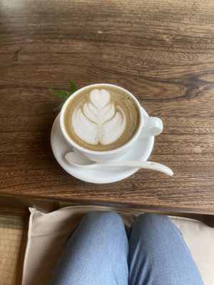Hojicha latte with oat milk.  at Yasai Cafe Meguri in Nikko