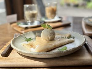 Crepe with soy ice cream, maple syrup, sea salt + vegan butter  at Yasai Cafe Meguri in Nikko