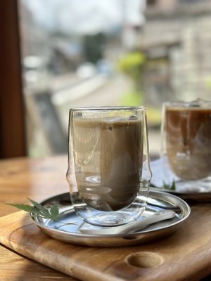 Iced Hojicha + Latte (with oat milk)   at Yasai Cafe Meguri in Nikko