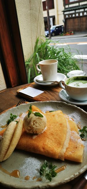 Maple banana crepe, matcha latte at Yasai Cafe Meguri in Nikko