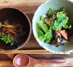 Soup and salad as a first course  at Yasai Cafe Meguri in Nikko