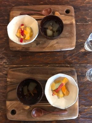 Miso soup and salad at Yasai Cafe Meguri in Nikko