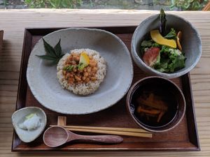 the cheapest lunch set (as of August 2019) 1290 yen at Yasai Cafe Meguri in Nikko