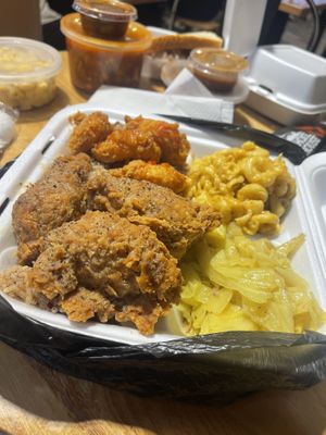 Lemon pepper wings and sweet chili shrimp w/ rice, cabbage, and mac  at B.A.D. Gyal Vegan in Marietta