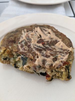 New item in the ready section! Vegan "turkey" fritter. Served with spicy veganaise. at Savoy Cafe and Deli in Santa Barbara