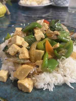 Pad basil tofu — you get a large portion, and I’d say the mild/ medium is both very tolerable as far as spice goes   at Thai House in Fairbanks