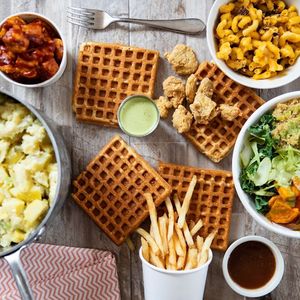 Pure Grit Waffles, Fries, Salad, Potato Salad, Sweet Potatoes at Pure Grit BBQ in New York City