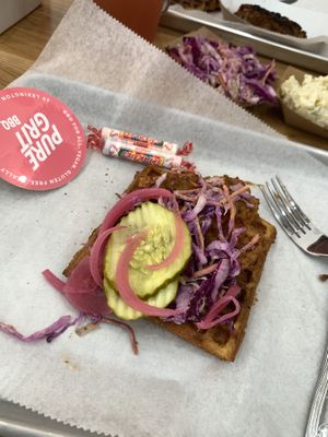 Vegan Chicken open-faced sandwich   at Pure Grit BBQ in New York City