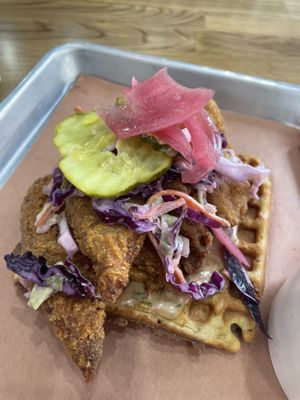 Chicken n waffles sandwich   at Pure Grit BBQ in New York City