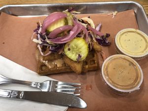 Daring chicken and waffle  at Pure Grit BBQ in New York City