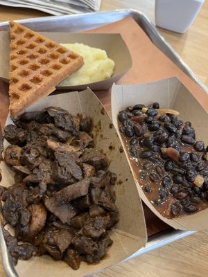 Mushroom BBQ Main Plate with baked beans(?), mashed potatoes, and 1/2 waffle   at Pure Grit BBQ in New York City