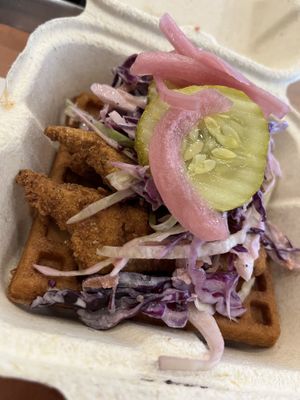 Chick’n and waffle   at Pure Grit BBQ in New York City