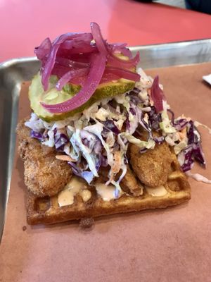 Gf vegan chicken & waffles. Yum!  at Pure Grit BBQ in New York City