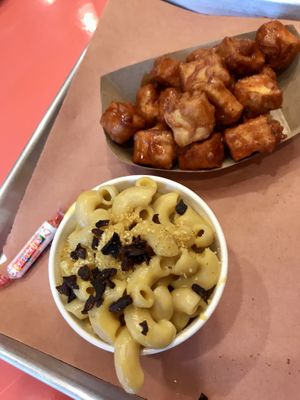 Gf/vegan Mac n cheese and tofu bites. Smarties dessert!  at Pure Grit BBQ in New York City