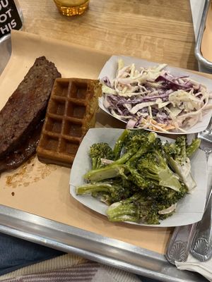 impossible brisket with coleslaw and broccoli salad  at Pure Grit BBQ in New York City