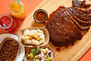 Smoked Impossible Cut with signature sides.  at Pure Grit BBQ in New York City