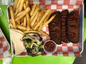 Combo meal: Impossible cutlets, broccoli salad, and fries at Pure Grit BBQ in New York City
