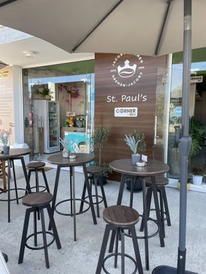 Outdoor seating ￼  at St Paul's Coffee Corner in Paphos
