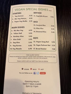 Vegan menu (on the back of the main menu)  at Timur in South East London