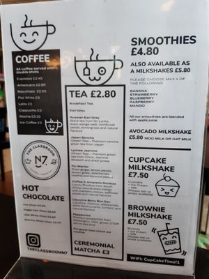 Menu at The Classroom N7 in North London