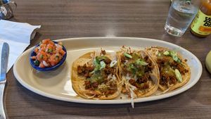 Juan's Breakfast Tacos (sub eggs for soy chorizo) and without the hollandaise, just green chile. [NOT PICTURED: vegan pancake] at Snooze in Sandy Springs