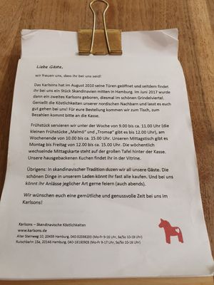 Menu at Karlsons Skandinavische Köstlichkeiten in Hamburg