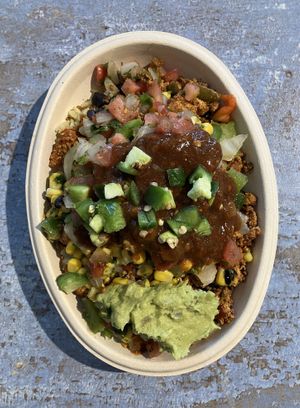 Vegan Tofusada Bowl. No extra charge for avocado. at Pancheros in Apple Valley