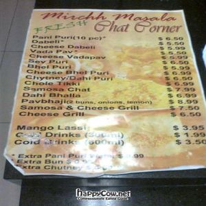 menu at Mirchh Masala Chaat Court in Woolloongabba