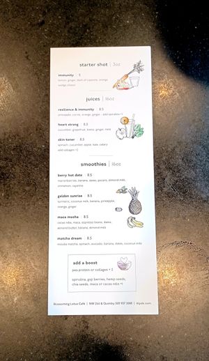 Menu at Blossoming Lotus in Portland