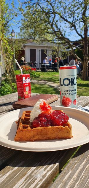 Belgian waffle with soy ice cream and strawberry jam. at Skönfärgaregården in Linkoping