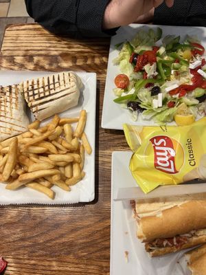 falafel wrap, greek salad, eggplant parm sub  at Bella Casa Vegana in New Haven