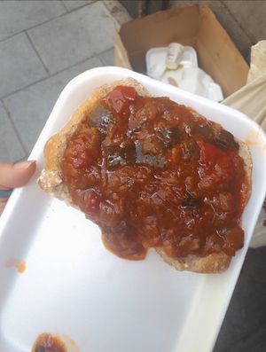 Pisto toast  at El Capricho Extremeño in Madrid