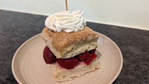 Need to ask for the vegan version -- Strawberry Shortie 

Our buttermilk biscuit paired with macerated strawberries and whipped cream and finished with a sweet sugar drizzle •  at Preservation Biscuit Company in Falls Church