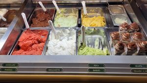 An interesting selection of vegan ice cream - basil, kiwi, peach, bergamot and strawberry at La Strega Nocciola in Rome