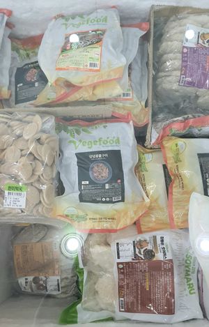 Frozen mock meats at Hunza Maul 훈자건강마을 in Seoul