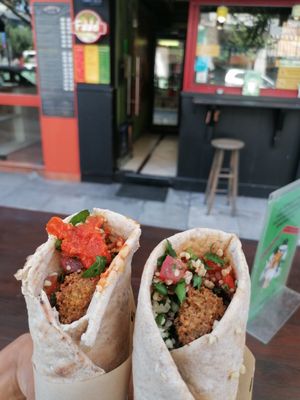 Red pepper falafel wraps at Falafel House in Thessaloniki