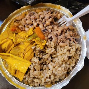 Bean curd, black eyed peas and brown rice at HIM Ital Health Food Market in Bronx