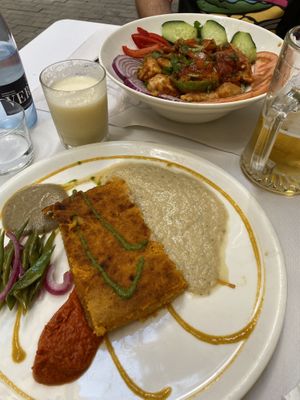 Gnocchi, squash and potato tarta, momo bowl in back. at Veggie Garden - Dels Angels in Barcelona